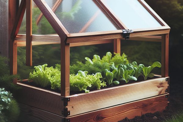 Small wooden cold frame with glass lid in garden